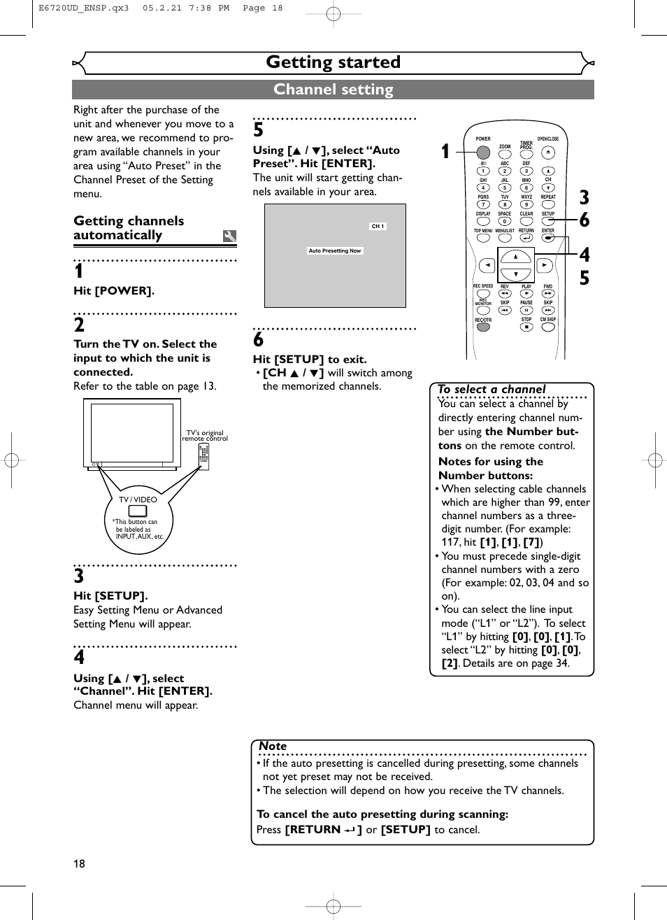 Getting started, Channel setting, Getting channels automatically | Hit [power | FUNAI EWR10D5 User Manual | Page 20 / 82