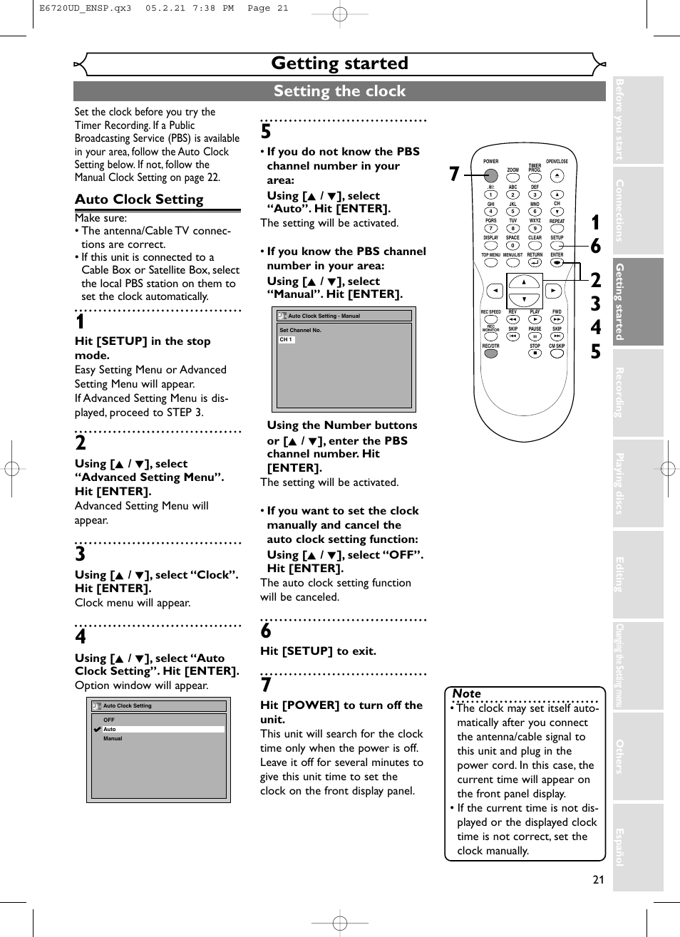 Getting started, Setting the clock, Auto clock setting | Hit [setup] to exit | FUNAI EWR10D5 User Manual | Page 23 / 82