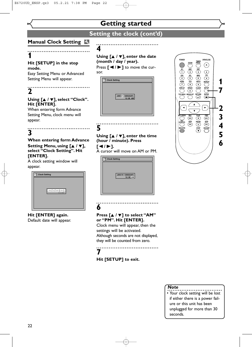 Getting started, Setting the clock (cont’d), Manual clock setting | Hit [setup] to exit | FUNAI EWR10D5 User Manual | Page 24 / 82