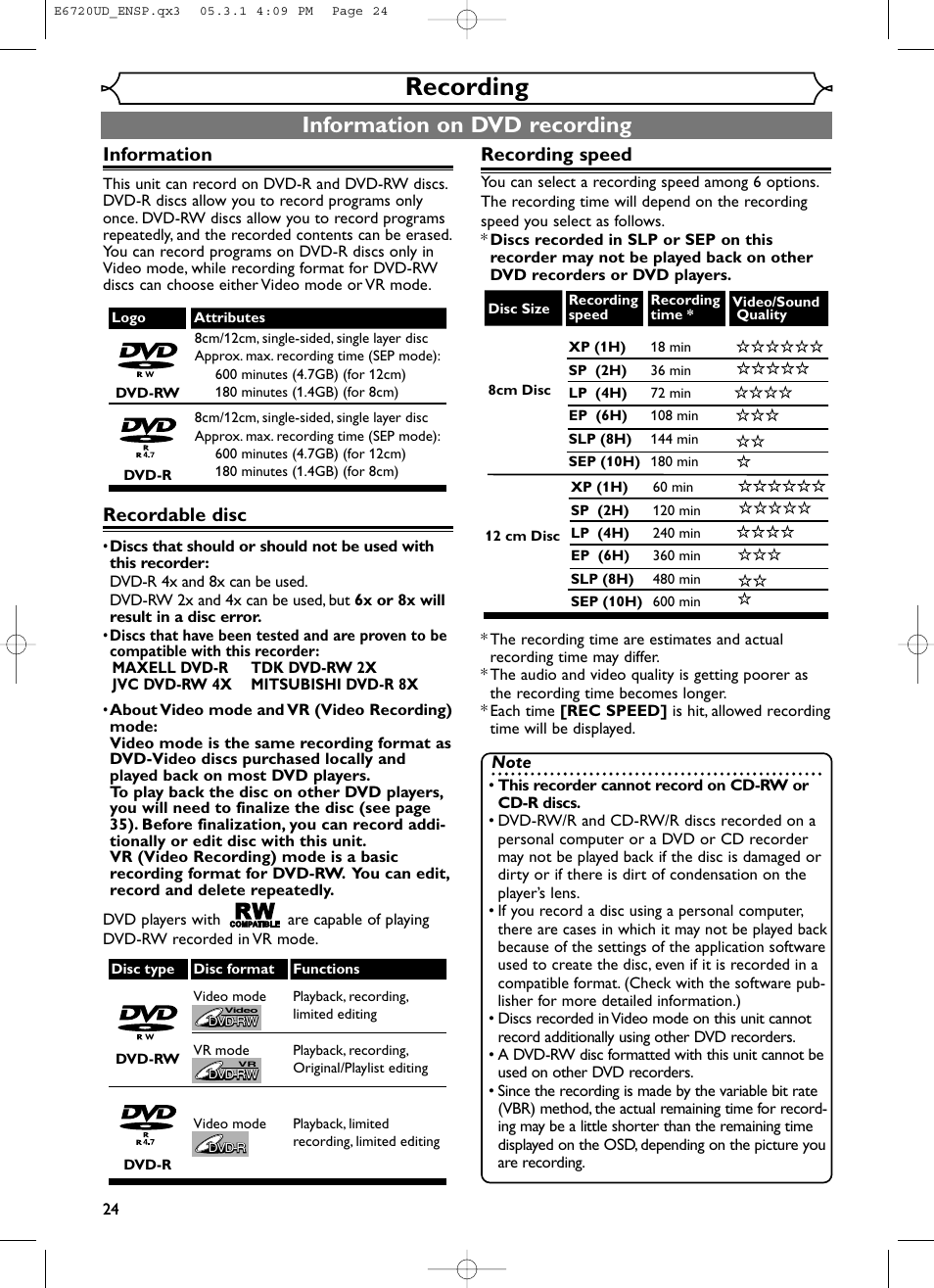 Recording, Information on dvd recording, Information | Recordable disc, Recording speed | FUNAI EWR10D5 User Manual | Page 26 / 82