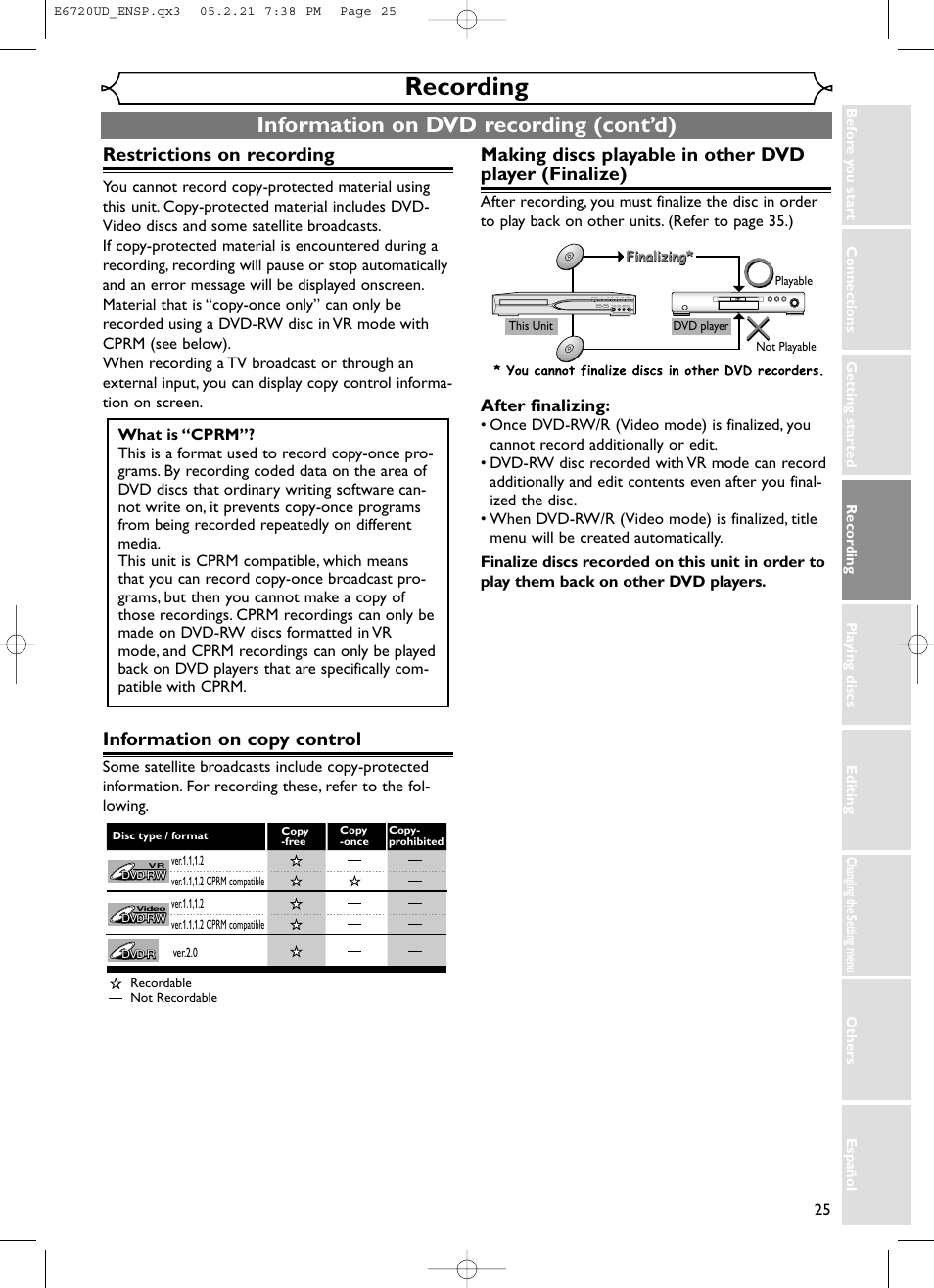 Recording, Information on dvd recording (cont’d), Restrictions on recording | Information on copy control, After finalizing | FUNAI EWR10D5 User Manual | Page 27 / 82