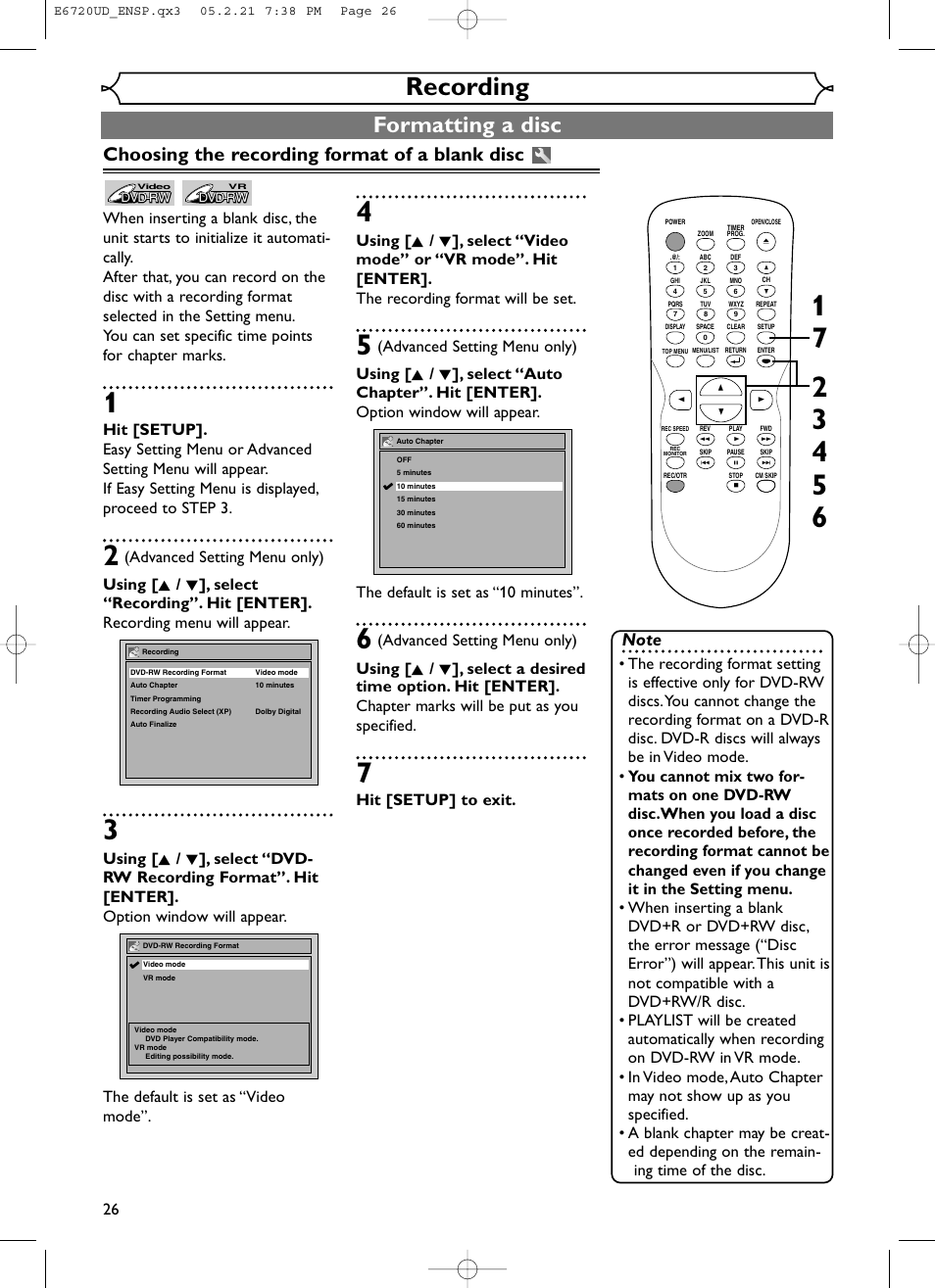 Recording, Formatting a disc, Choosing the recording format of a blank disc | Hit [setup] to exit | FUNAI EWR10D5 User Manual | Page 28 / 82