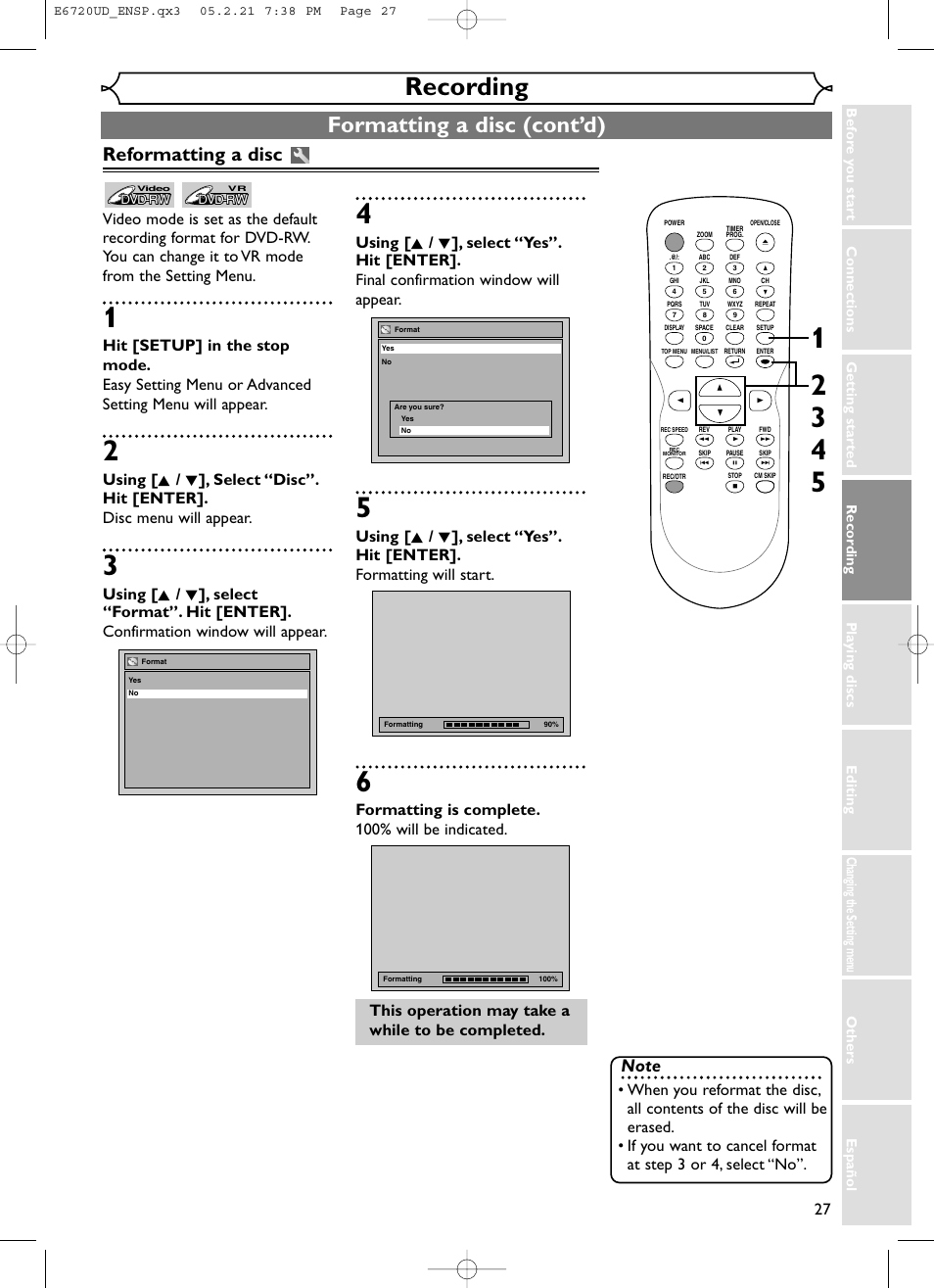 Recording, Formatting a disc (cont’d), Reformatting a disc | Formatting is complete. 100% will be indicated, This operation may take a while to be completed | FUNAI EWR10D5 User Manual | Page 29 / 82