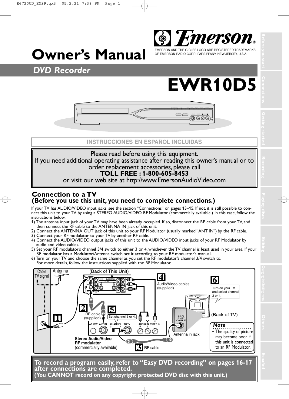 Ewr 10d5, Owner’s manual, Dvd recorder | Instrucciones en español incluidas, Antenna cable tv signal | FUNAI EWR10D5 User Manual | Page 3 / 82