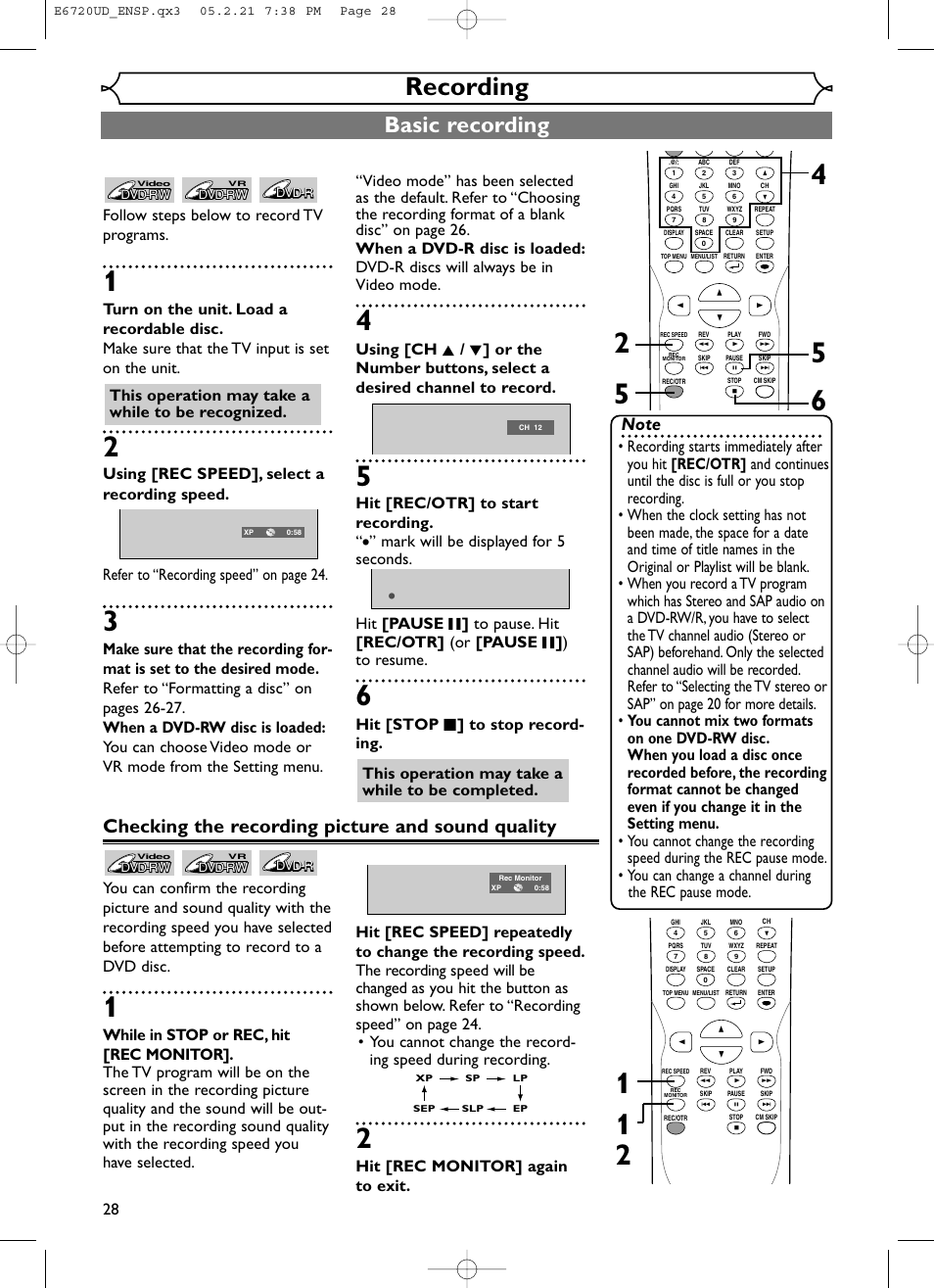 Recording, Basic recording, Checking the recording picture and sound quality | Hit [rec/otr] to start recording, This operation may take a while to be recognized, Hit [rec monitor] again to exit | FUNAI EWR10D5 User Manual | Page 30 / 82