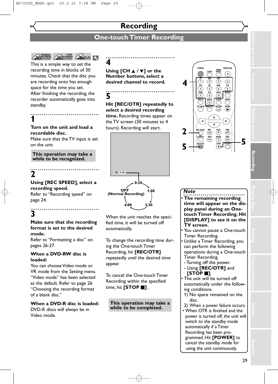 Recording, One-touch timer recording, This operation may take a while to be recognized | This operation may take a while to be completed | FUNAI EWR10D5 User Manual | Page 31 / 82