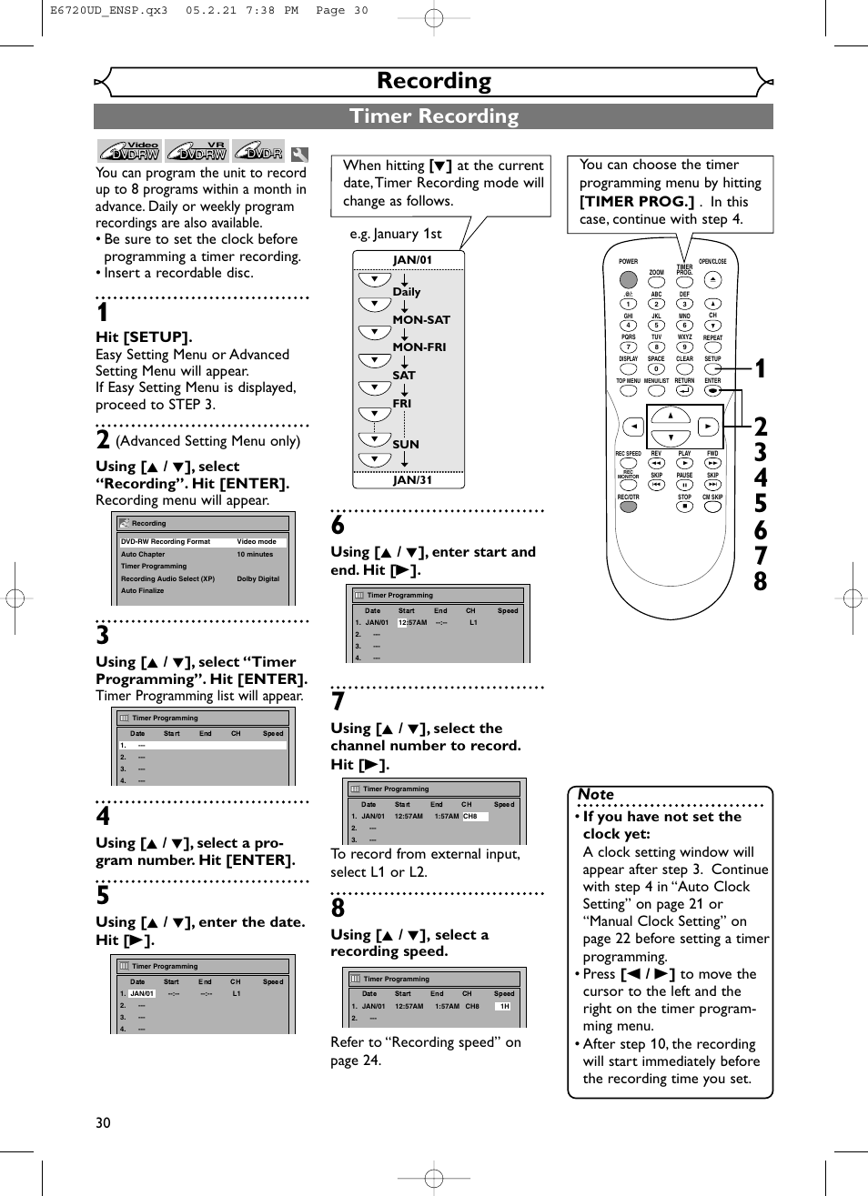 Recording, Timer recording, Using [ k / l ], enter start and end. hit [ b | FUNAI EWR10D5 User Manual | Page 32 / 82