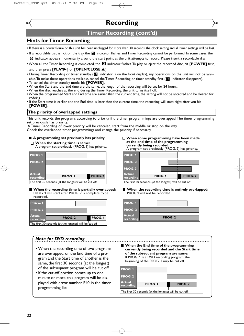 Recording, Timer recording (cont’d), Hints for timer recording | FUNAI EWR10D5 User Manual | Page 34 / 82