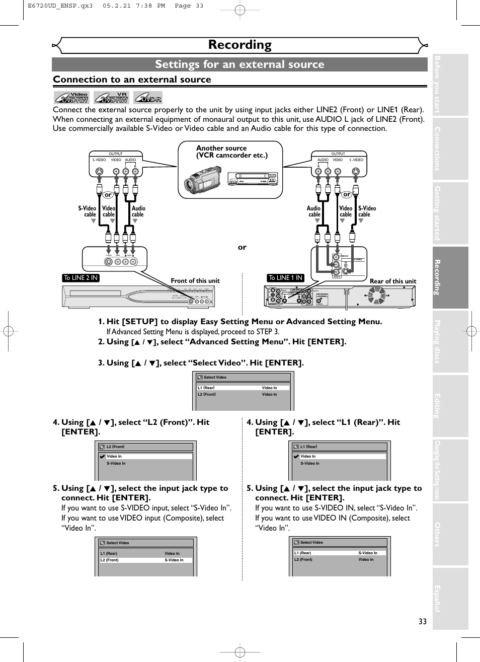 Recording, Settings for an external source, Connection to an external source | Another source (vcr camcorder etc.), K / l, S-video video audio, Audio in, Lr audio out | FUNAI EWR10D5 User Manual | Page 35 / 82