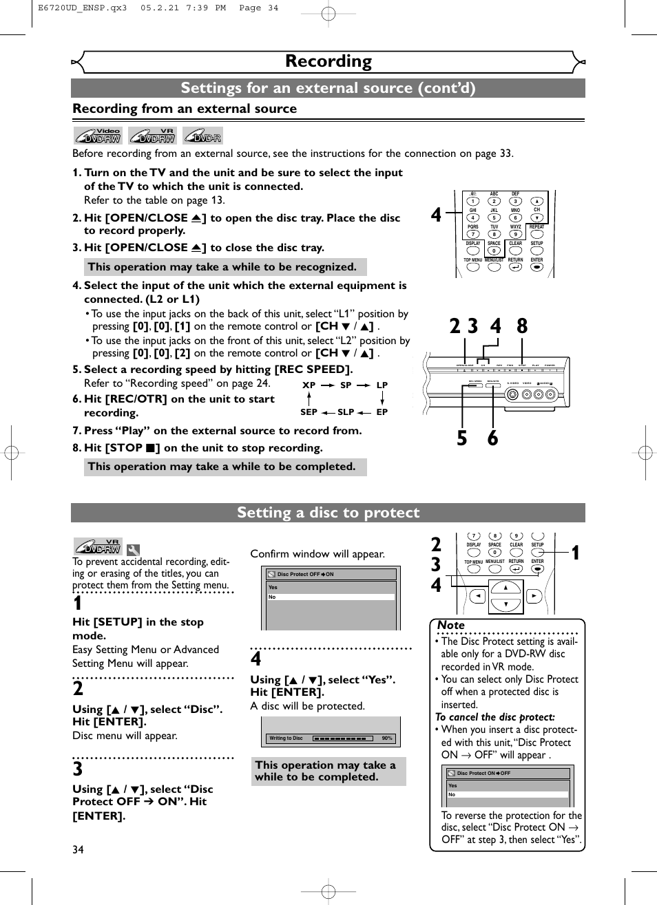 Recording, Settings for an external source (cont’d), Setting a disc to protect | Recording from an external source | FUNAI EWR10D5 User Manual | Page 36 / 82