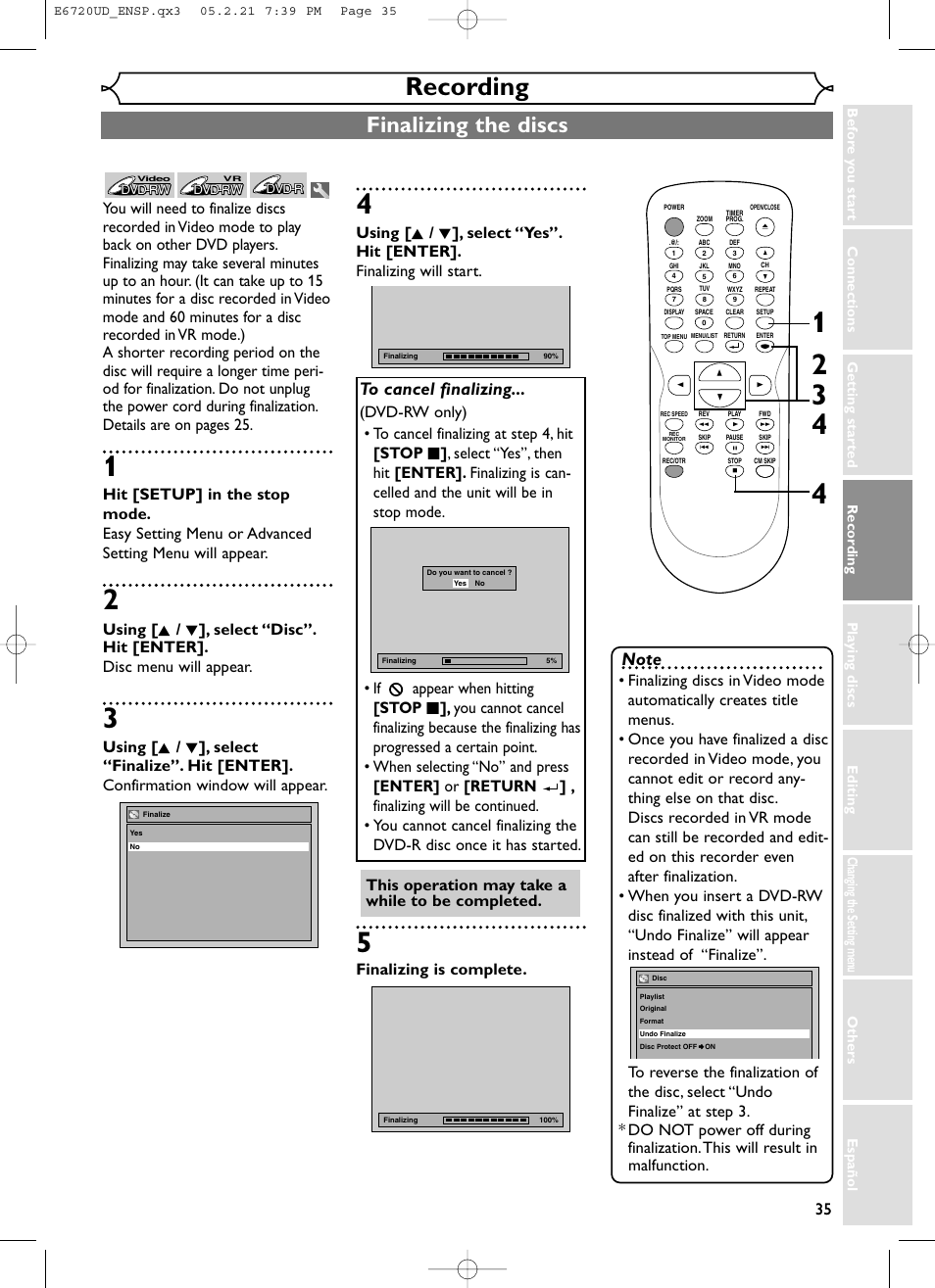 Recording, Finalizing the discs, Finalizing is complete | This operation may take a while to be completed | FUNAI EWR10D5 User Manual | Page 37 / 82