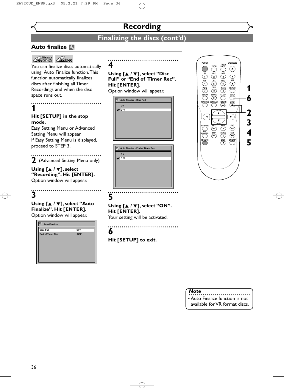 Recording, Finalizing the discs (cont’d), Auto finalize | Hit [setup] to exit | FUNAI EWR10D5 User Manual | Page 38 / 82