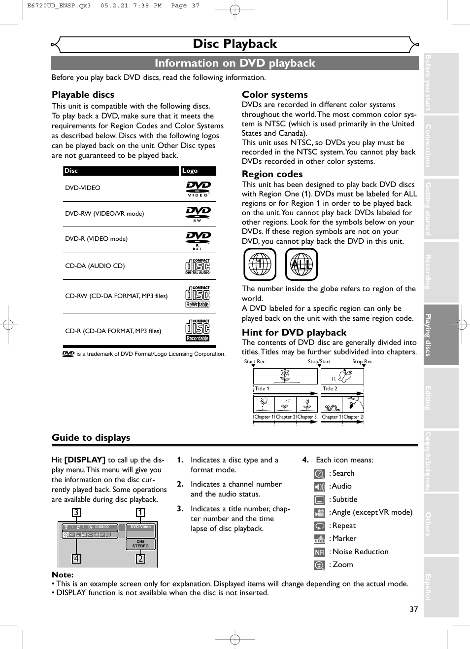 Disc playback, Information on dvd playback, Guide to displays playable discs | Color systems, Region codes, Hint for dvd playback | FUNAI EWR10D5 User Manual | Page 39 / 82