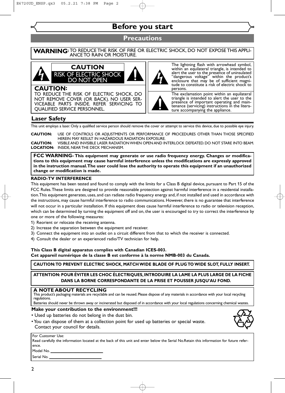 Before you start, Precautions, Warning | Caution, Caution risk of electric shock do not open, Laser safety | FUNAI EWR10D5 User Manual | Page 4 / 82