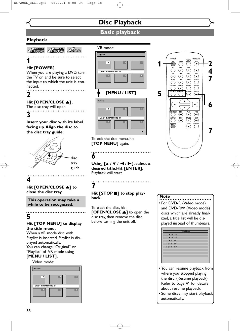 Disc playback, Basic playback, Playback | Hit [open/close a ] . the disc tray will open, Hit [open/close a ] to close the disc tray, Disc tray guide, This operation may take a while to be recognized | FUNAI EWR10D5 User Manual | Page 40 / 82