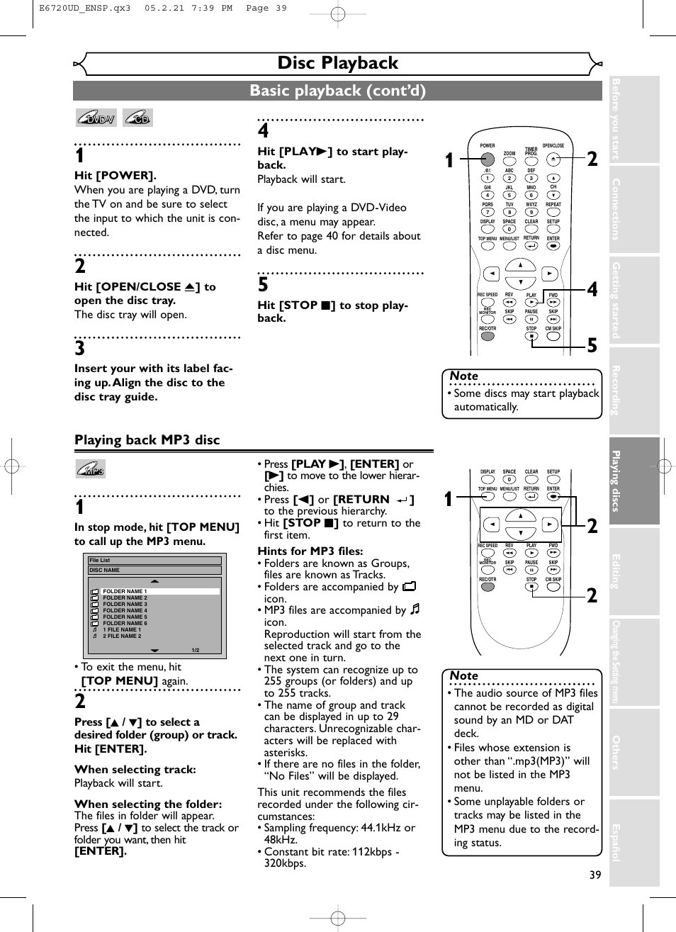Disc playback, Basic playback (cont’d), Playing back mp3 disc | Hit [stop c ] to stop play- back, Some discs may start playback automatically | FUNAI EWR10D5 User Manual | Page 41 / 82