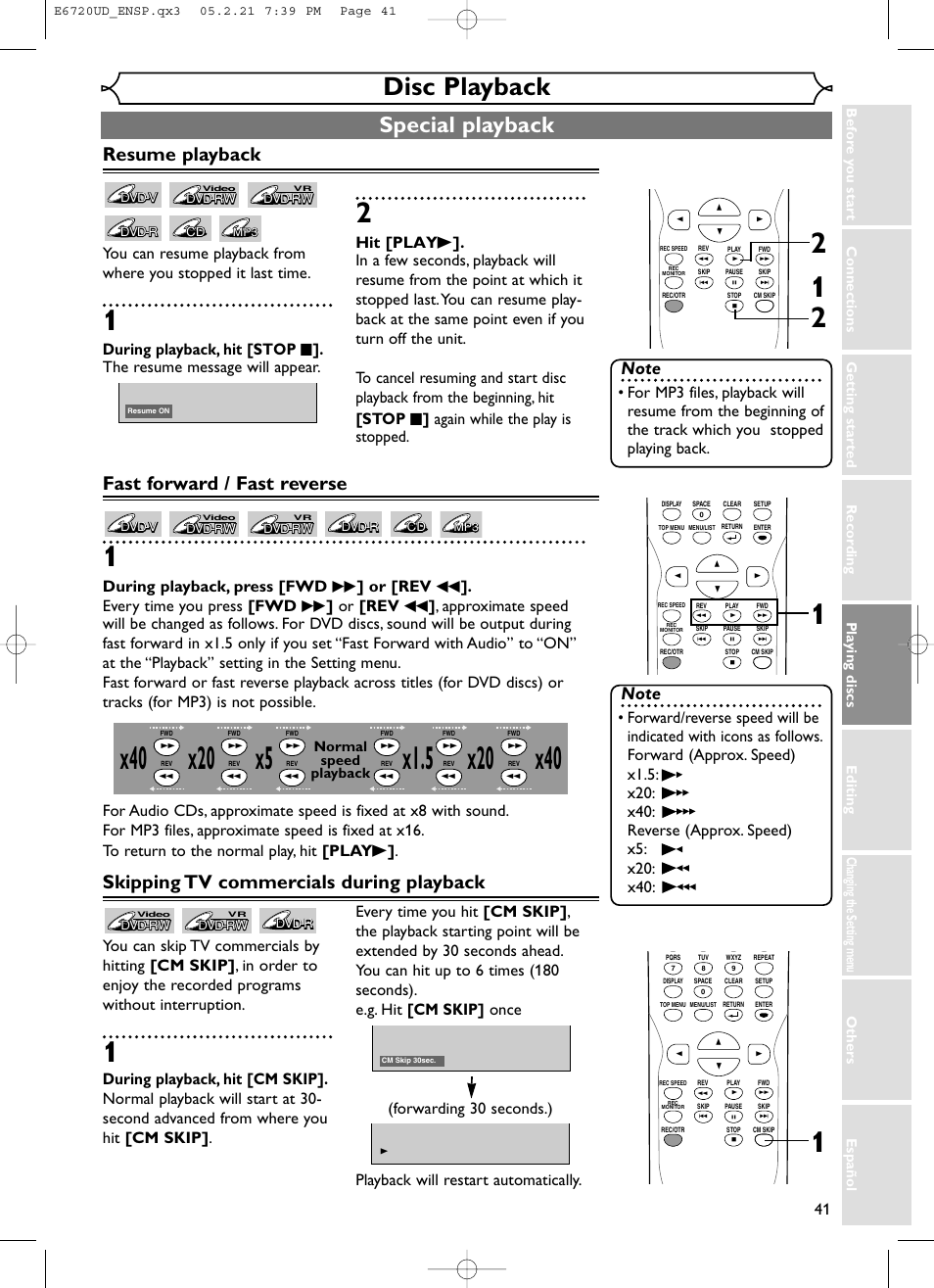 Disc playback, Special playback, Resume playback | Fast forward / fast reverse, Skipping tv commercials during playback, Normal speed playback | FUNAI EWR10D5 User Manual | Page 43 / 82