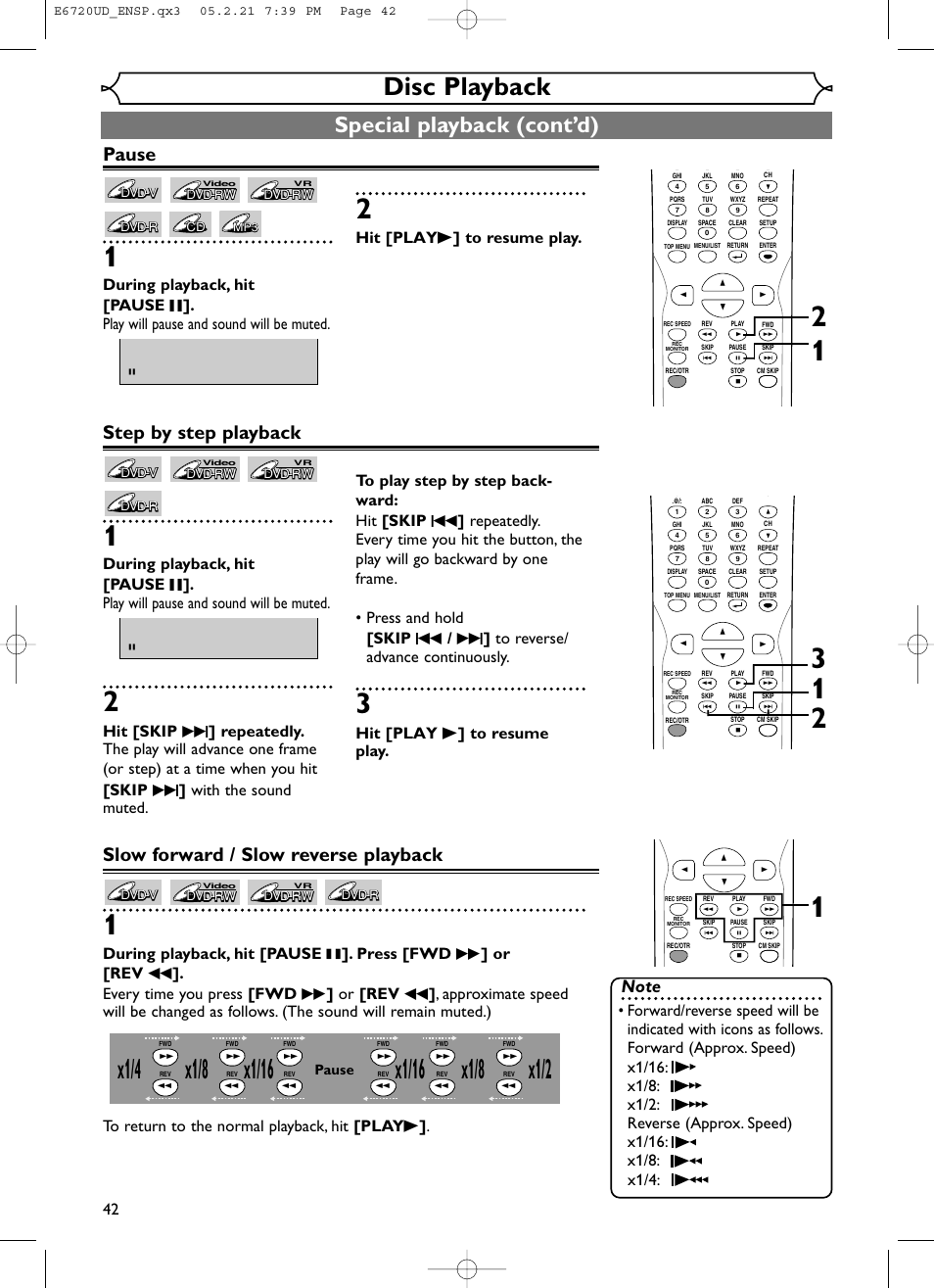 X1/8, Disc playback, Special playback (cont’d) | Step by step playback, Slow forward / slow reverse playback, Pause, Hit [play b ] to resume play | FUNAI EWR10D5 User Manual | Page 44 / 82