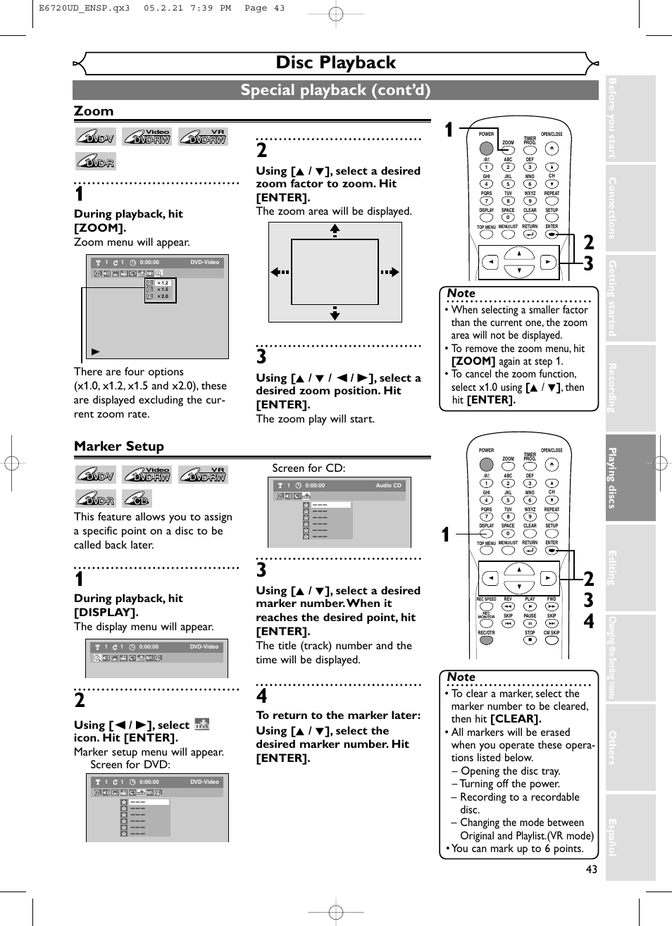 Disc playback, Special playback (cont’d), Zoom | Marker setup | FUNAI EWR10D5 User Manual | Page 45 / 82
