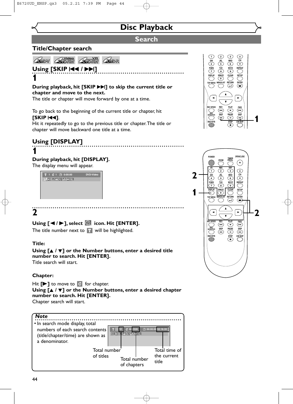 Disc playback, Search, Title/chapter search using [skip h / g | Using [display | FUNAI EWR10D5 User Manual | Page 46 / 82