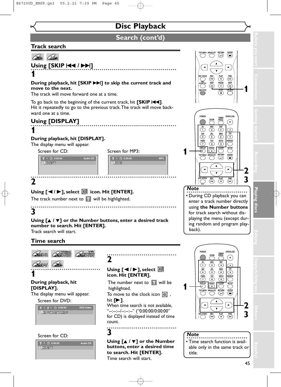 Disc playback, Search (cont’d), Track search using [skip h / g | Time search, Using [display | FUNAI EWR10D5 User Manual | Page 47 / 82