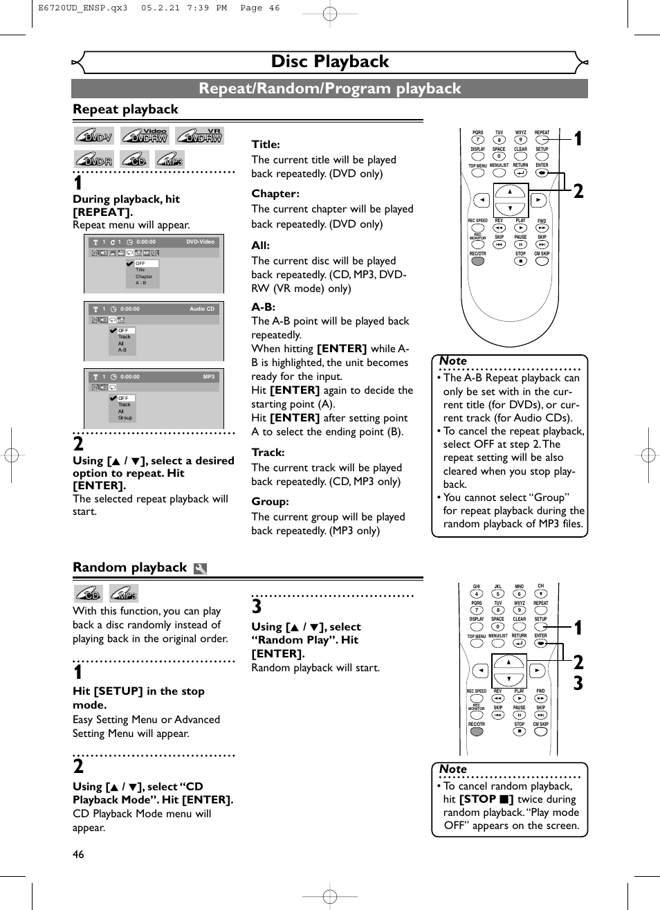 Disc playback, Repeat/random/program playback, Repeat playback | Random playback | FUNAI EWR10D5 User Manual | Page 48 / 82