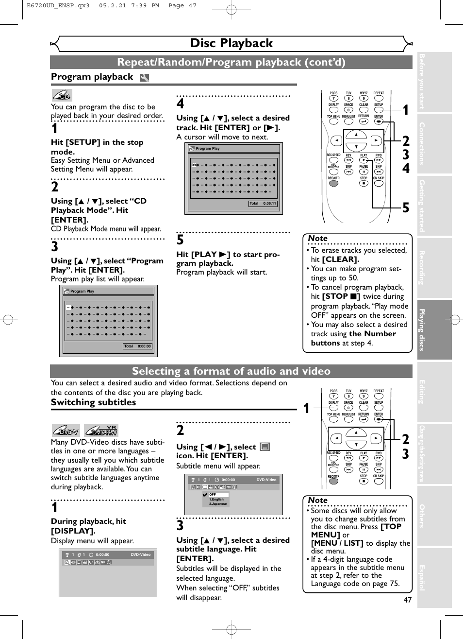 Disc playback, Repeat/random/program playback (cont’d), Selecting a format of audio and video | Program playback, Switching subtitles | FUNAI EWR10D5 User Manual | Page 49 / 82