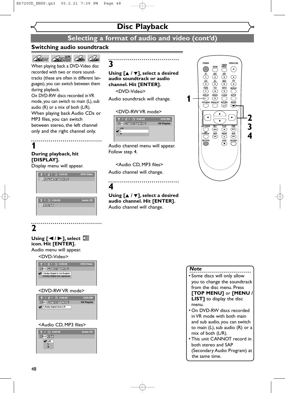 Disc playback, Selecting a format of audio and video (cont’d), Switching audio soundtrack | FUNAI EWR10D5 User Manual | Page 50 / 82