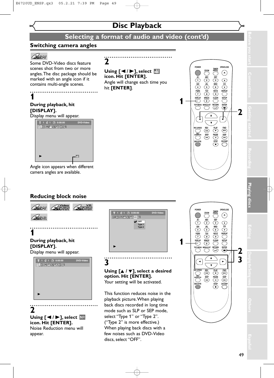 Disc playback, Selecting a format of audio and video (cont’d), Switching camera angles | Reducing block noise | FUNAI EWR10D5 User Manual | Page 51 / 82