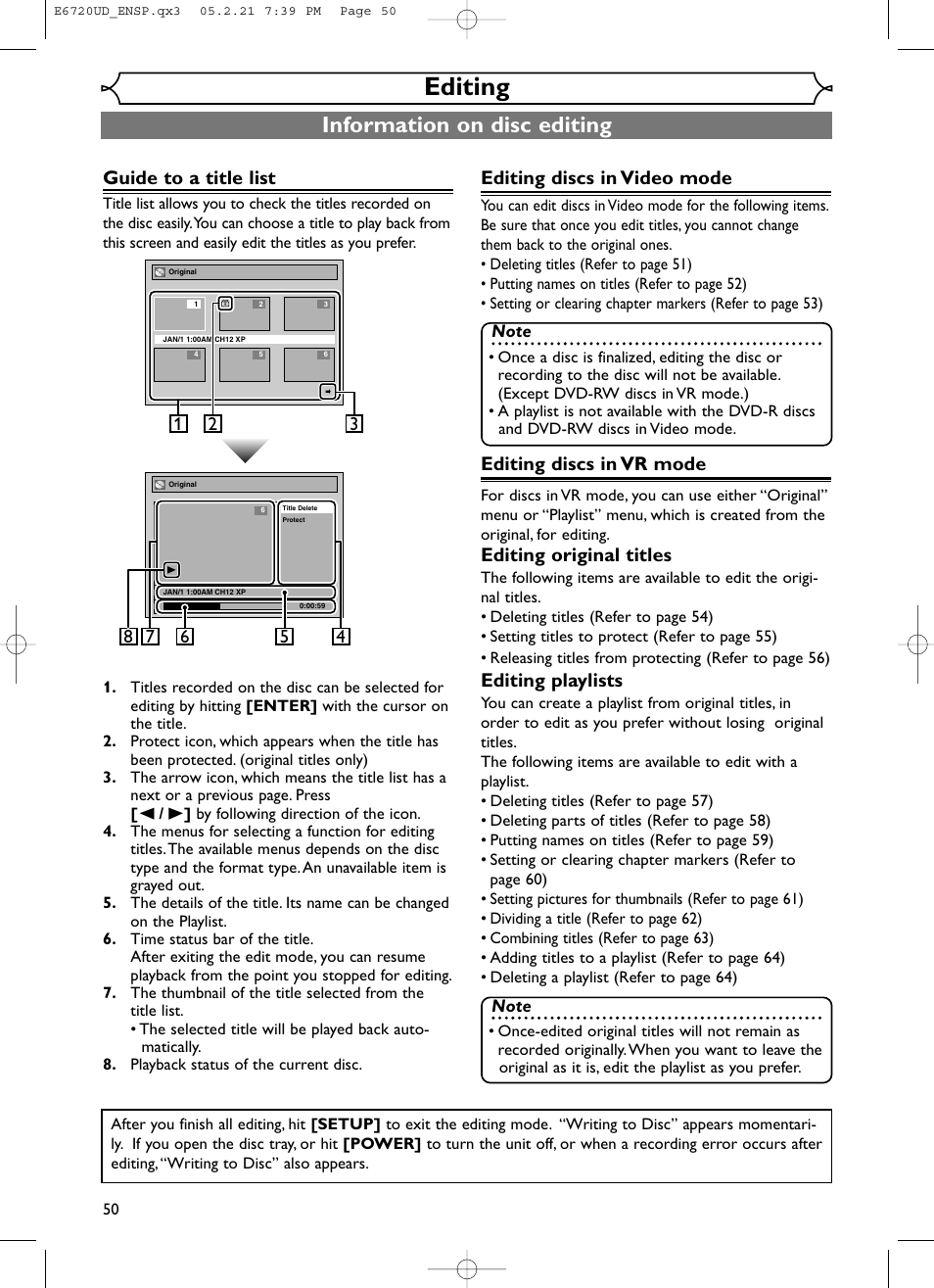 Editing, Information on disc editing, Guide to a title list | Editing discs in video mode, Editing discs in vr mode, Editing original titles, Editing playlists | FUNAI EWR10D5 User Manual | Page 52 / 82