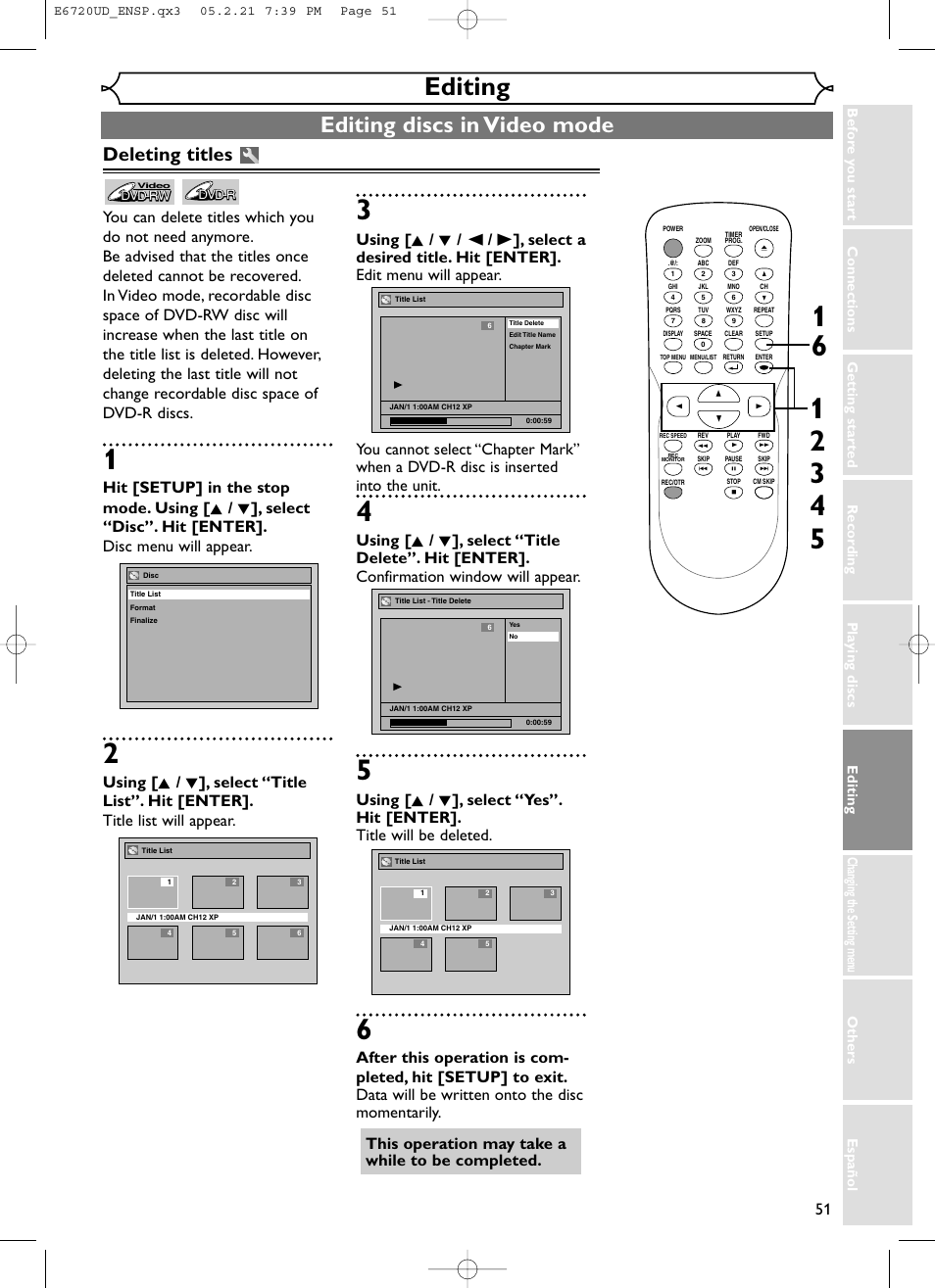 Editing, Editing discs in video mode, Deleting titles | FUNAI EWR10D5 User Manual | Page 53 / 82
