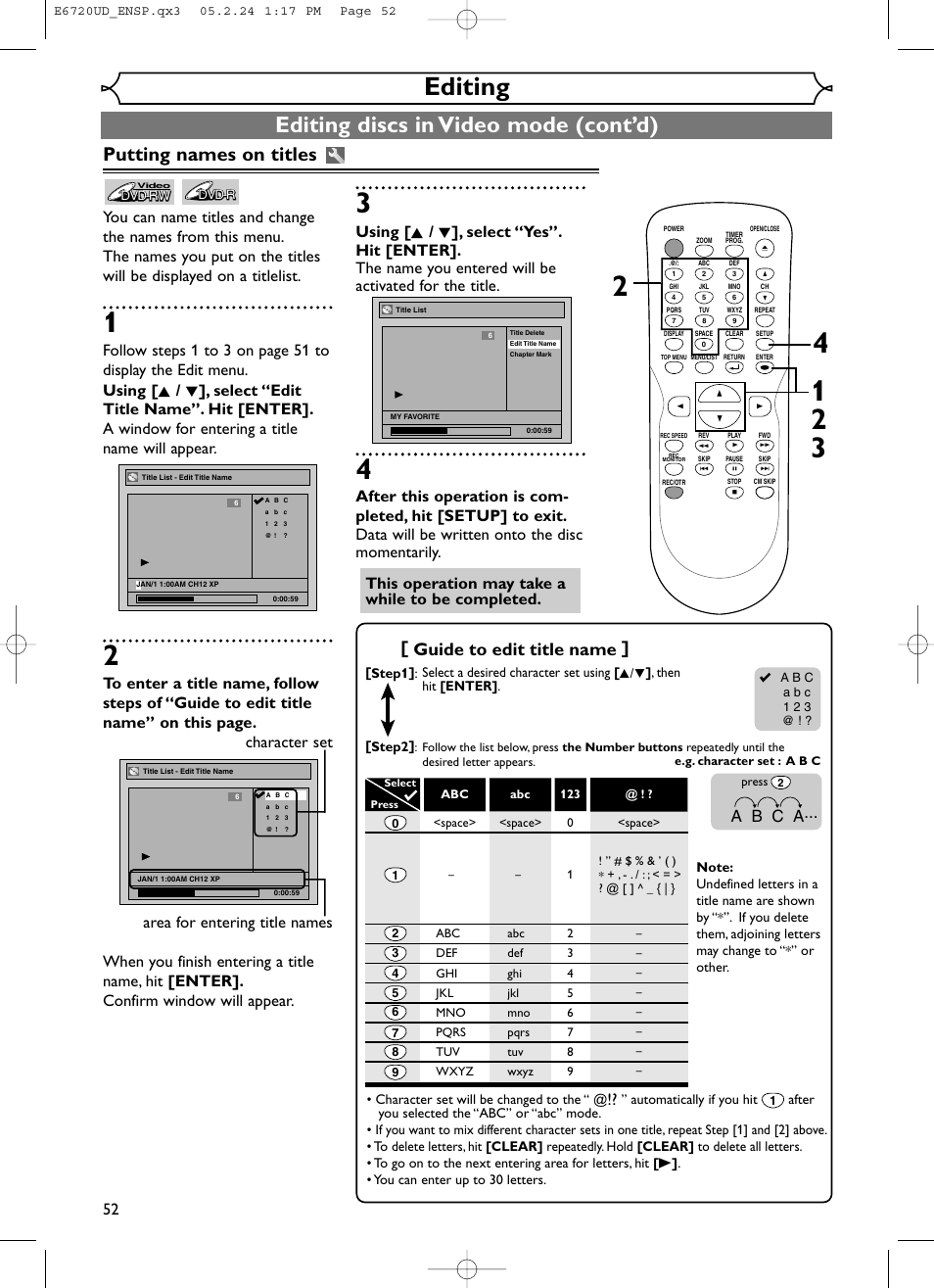 Editing, Editing discs in video mode (cont’d), Putting names on titles | Guide to edit title name, A b c a | FUNAI EWR10D5 User Manual | Page 54 / 82