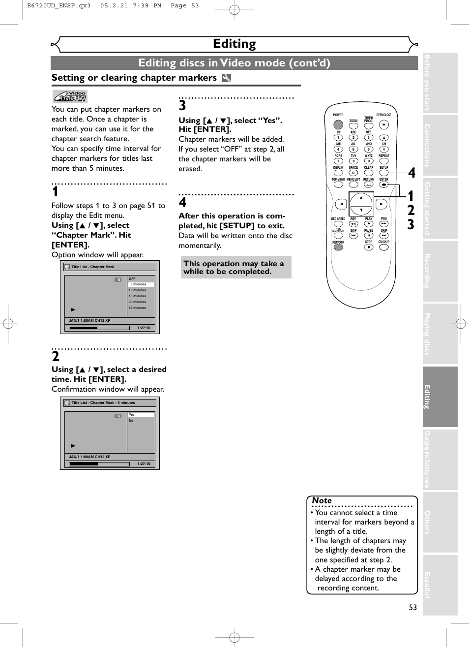 Editing, Editing discs in video mode (cont’d), Setting or clearing chapter markers | FUNAI EWR10D5 User Manual | Page 55 / 82