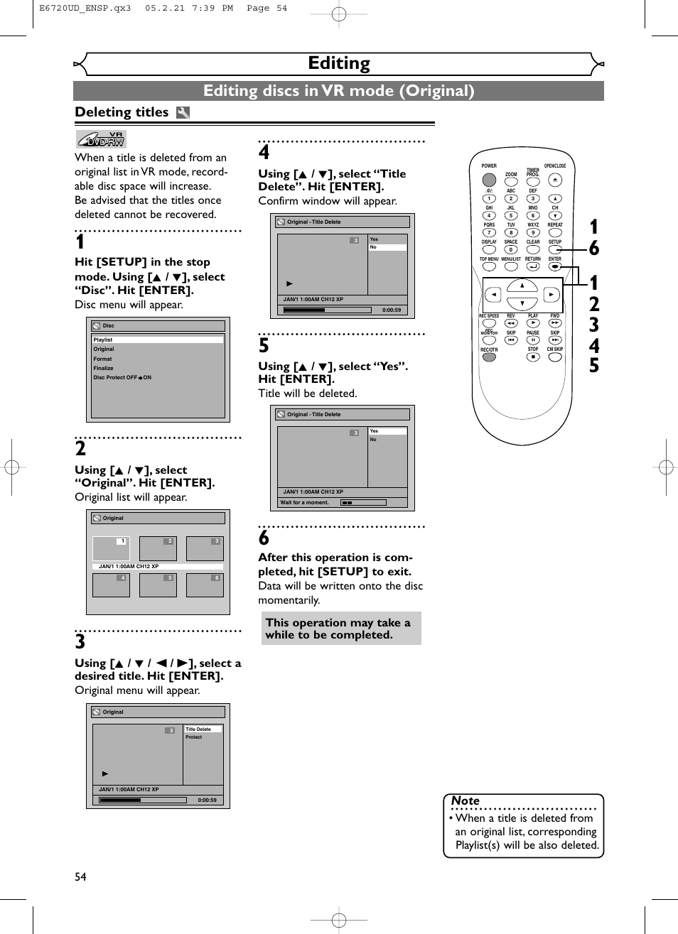 Editing, Editing discs in vr mode (original), Deleting titles | FUNAI EWR10D5 User Manual | Page 56 / 82