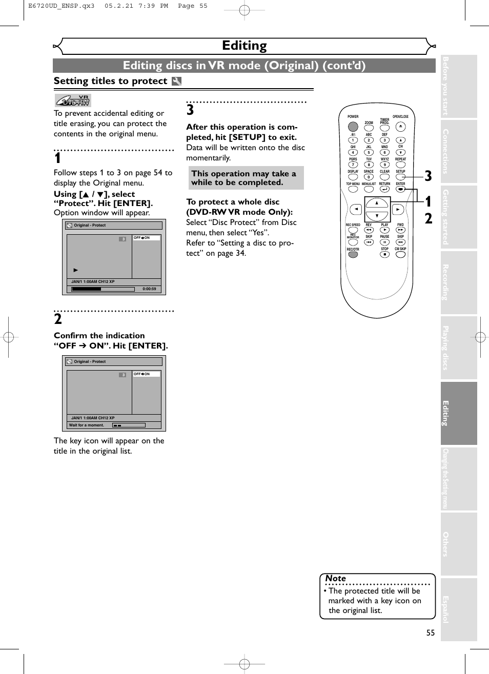 Editing, Editing discs in vr mode (original) (cont’d), Setting titles to protect | FUNAI EWR10D5 User Manual | Page 57 / 82