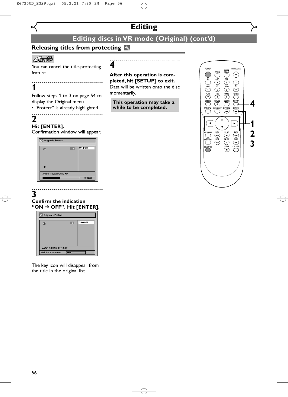 Editing, Editing discs in vr mode (original) (cont’d), Releasing titles from protecting | You can cancel the title-protecting feature, Hit [enter]. confirmation window will appear | FUNAI EWR10D5 User Manual | Page 58 / 82