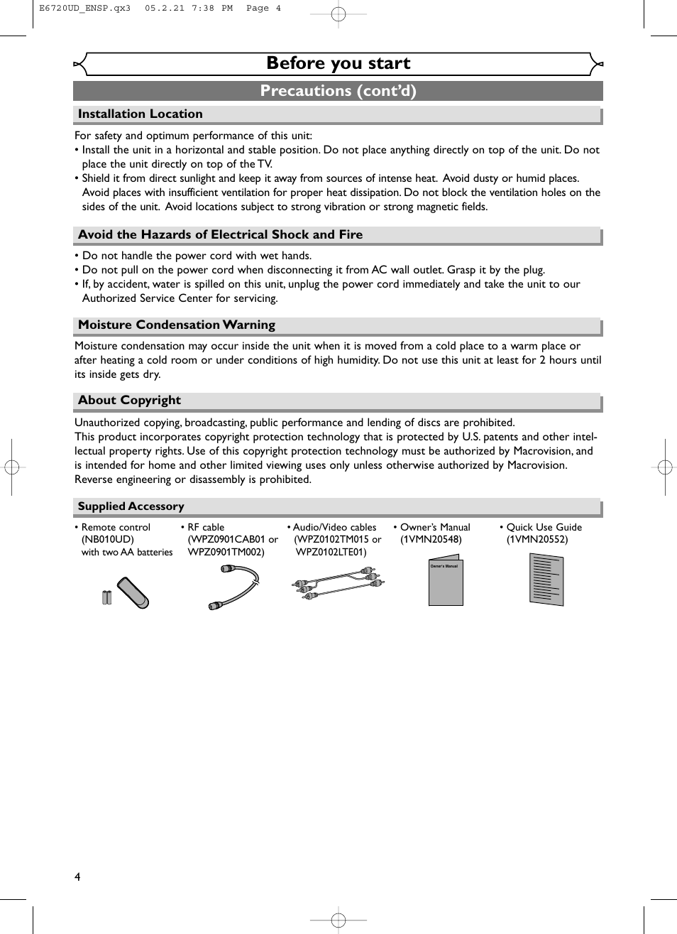 Before you start, Precautions (cont’d) | FUNAI EWR10D5 User Manual | Page 6 / 82