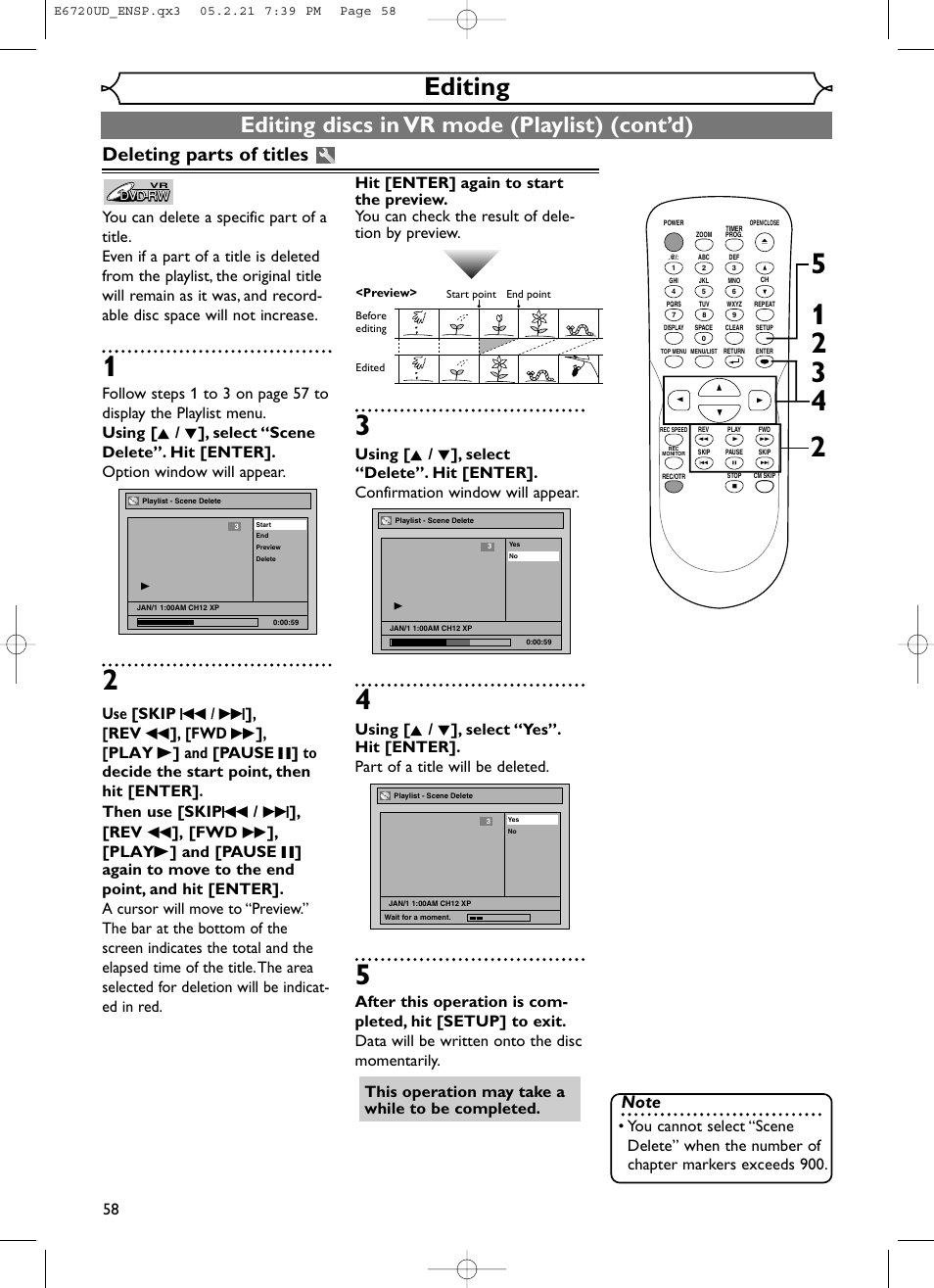 Editing, Editing discs in vr mode (playlist) (cont’d), Deleting parts of titles | FUNAI EWR10D5 User Manual | Page 60 / 82