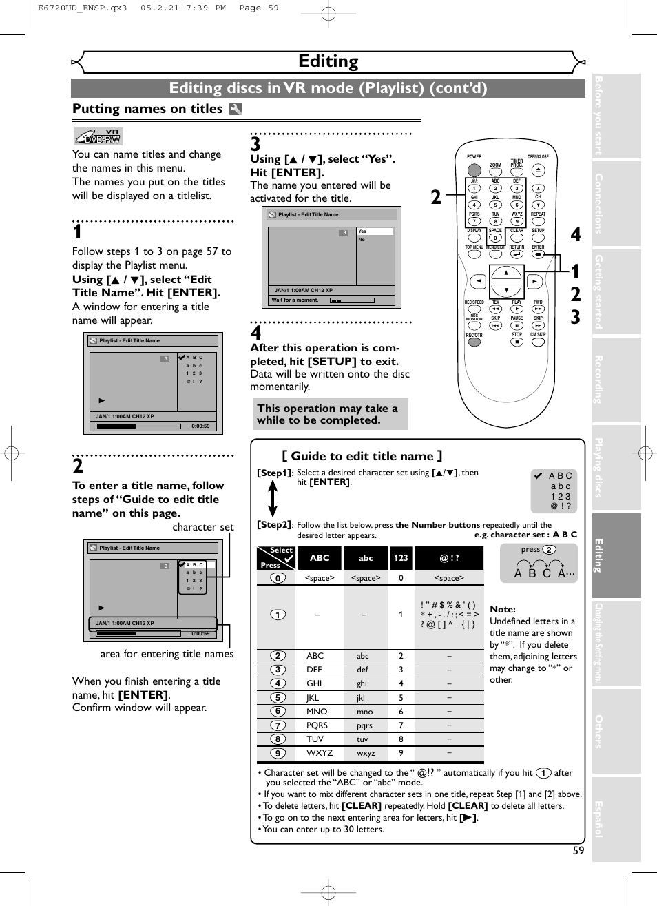 Editing, Editing discs in vr mode (playlist) (cont’d), Putting names on titles | Guide to edit title name, A b c a | FUNAI EWR10D5 User Manual | Page 61 / 82