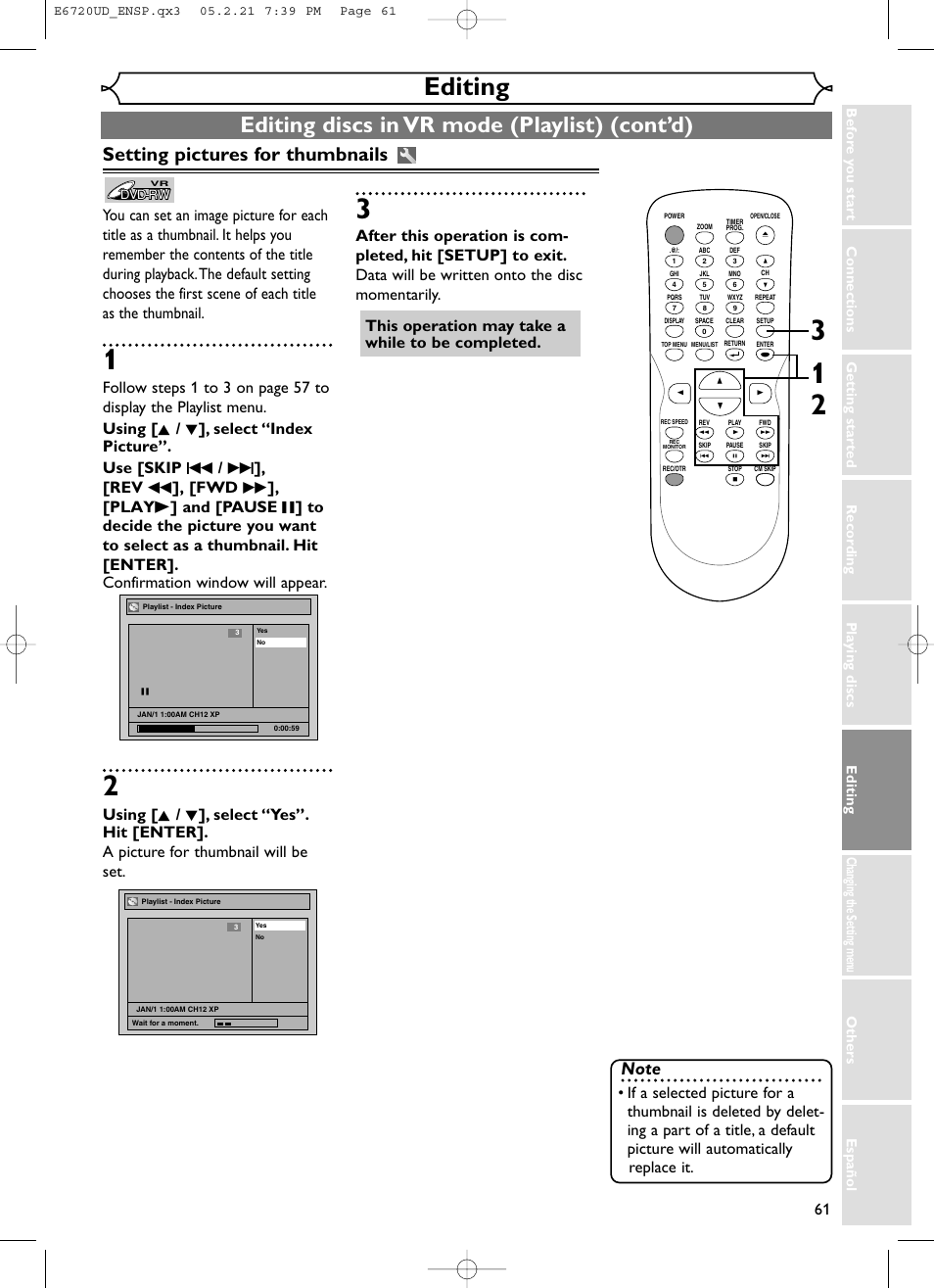 Editing, Editing discs in vr mode (playlist) (cont’d), Setting pictures for thumbnails | FUNAI EWR10D5 User Manual | Page 63 / 82