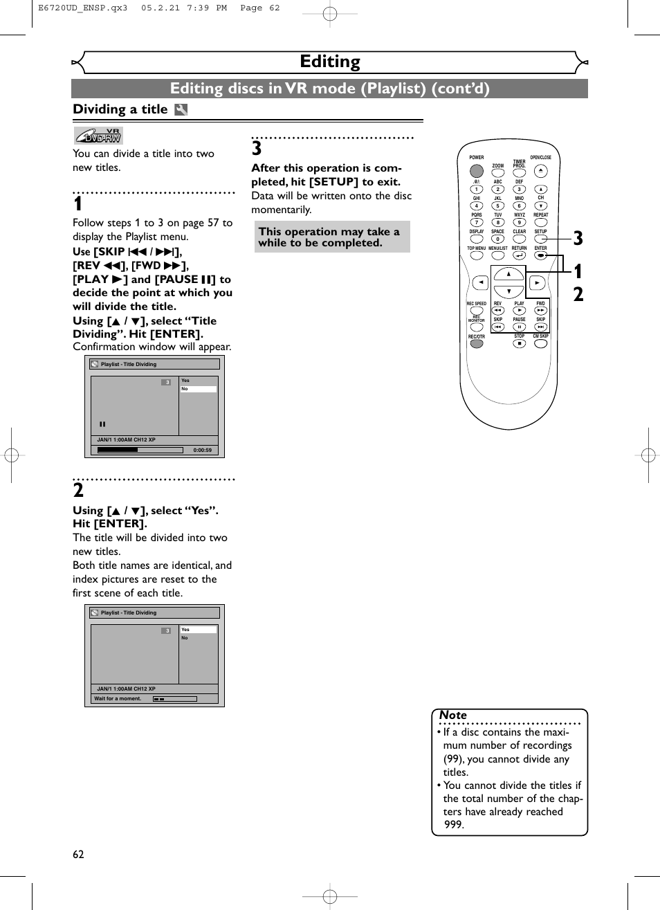 Editing, Editing discs in vr mode (playlist) (cont’d), Dividing a title | You can divide a title into two new titles | FUNAI EWR10D5 User Manual | Page 64 / 82