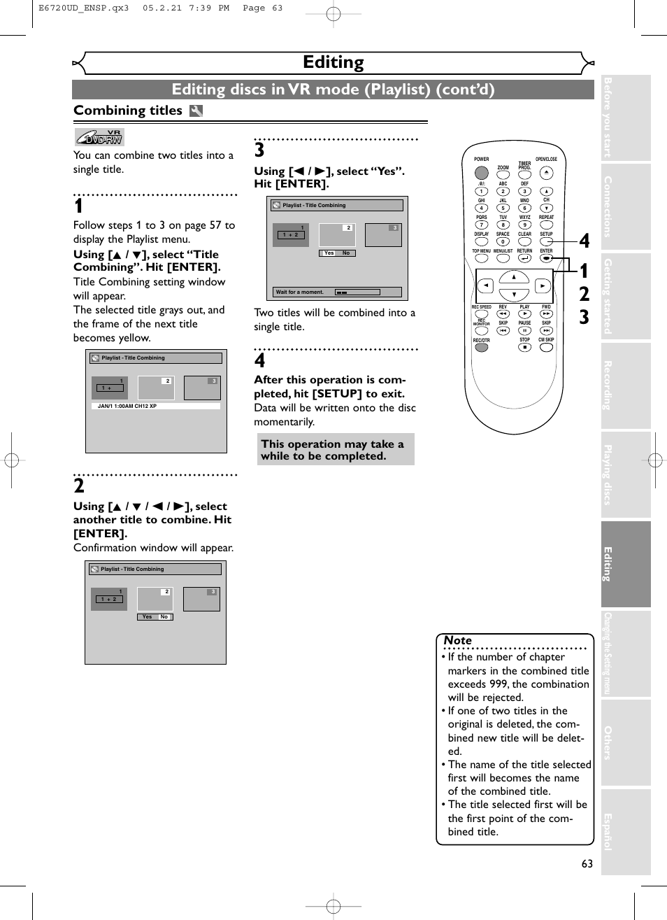 Editing, Editing discs in vr mode (playlist) (cont’d), Combining titles | You can combine two titles into a single title | FUNAI EWR10D5 User Manual | Page 65 / 82
