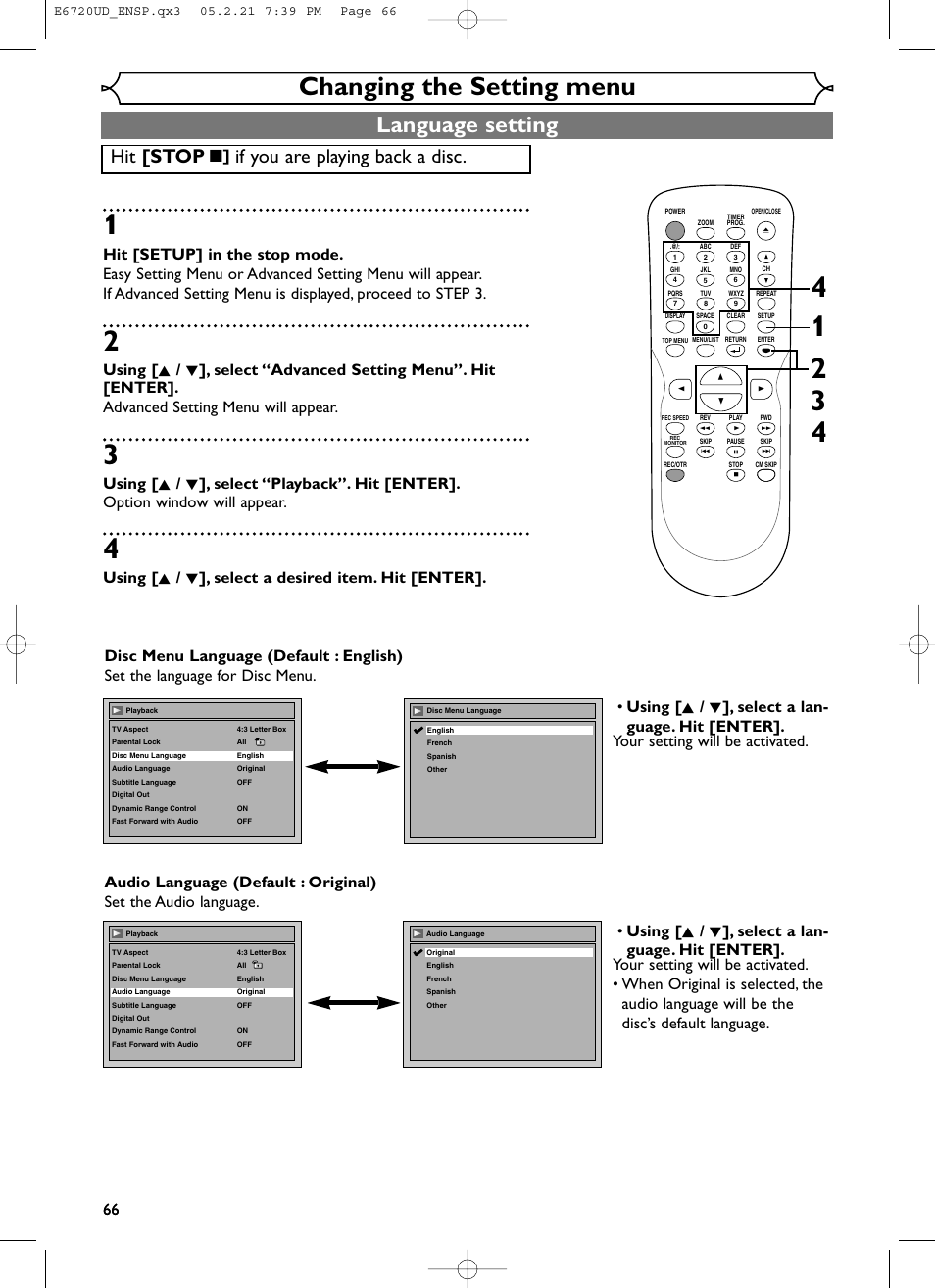 Changing the setting menu, Language setting, Hit [stop | If you are playing back a disc | FUNAI EWR10D5 User Manual | Page 68 / 82