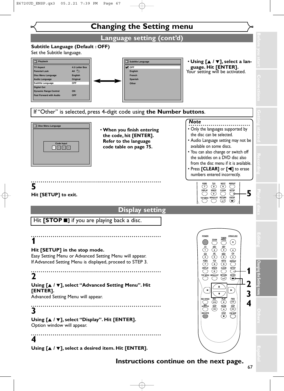 Changing the setting menu, Language setting (cont’d), Display setting | Instructions continue on the next page, Hit [stop, If you are playing back a disc, Hit [setup] to exit, Using [ k / l ], select a desired item. hit [enter | FUNAI EWR10D5 User Manual | Page 69 / 82