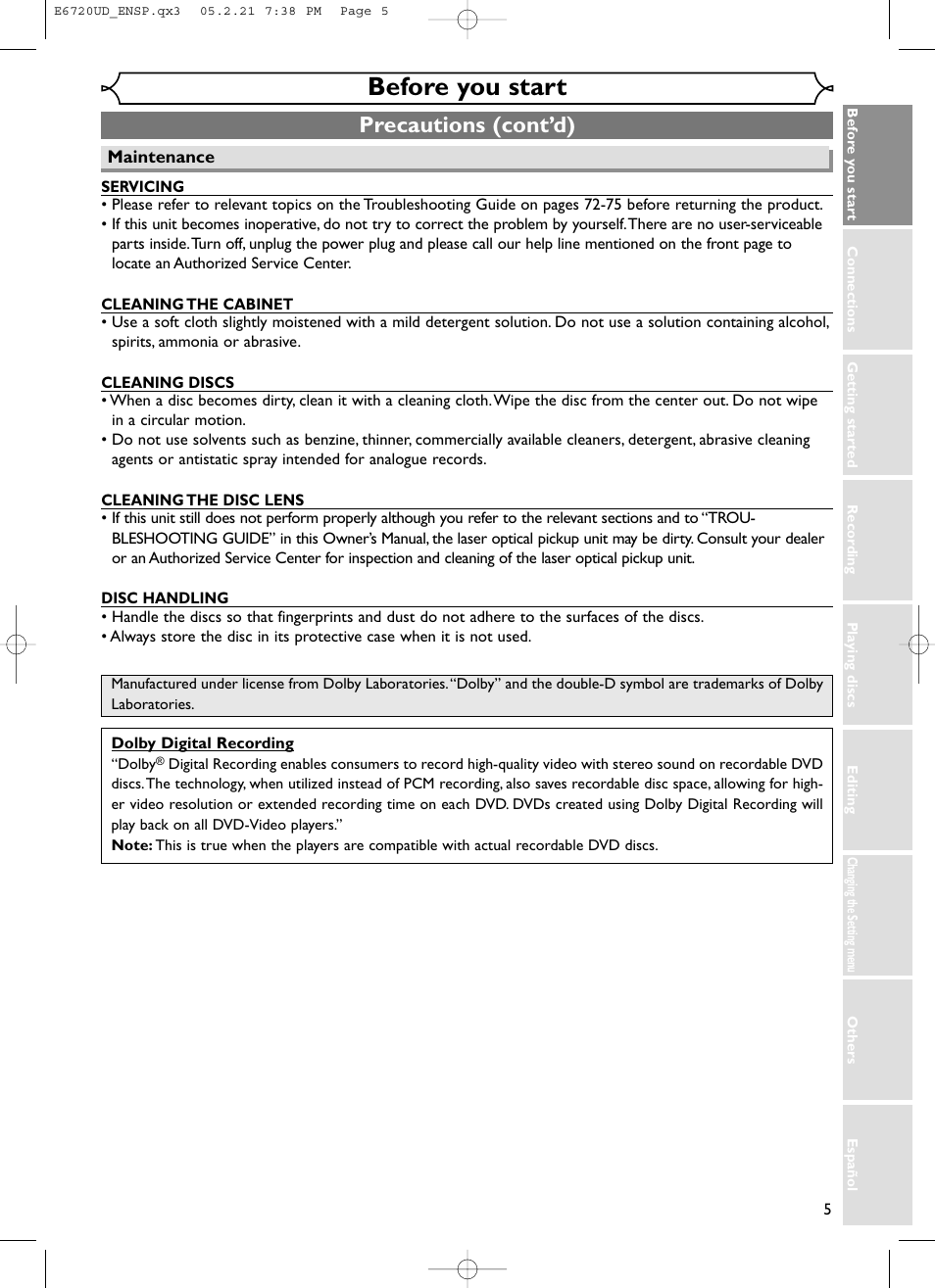 Before you start, Precautions (cont’d) | FUNAI EWR10D5 User Manual | Page 7 / 82