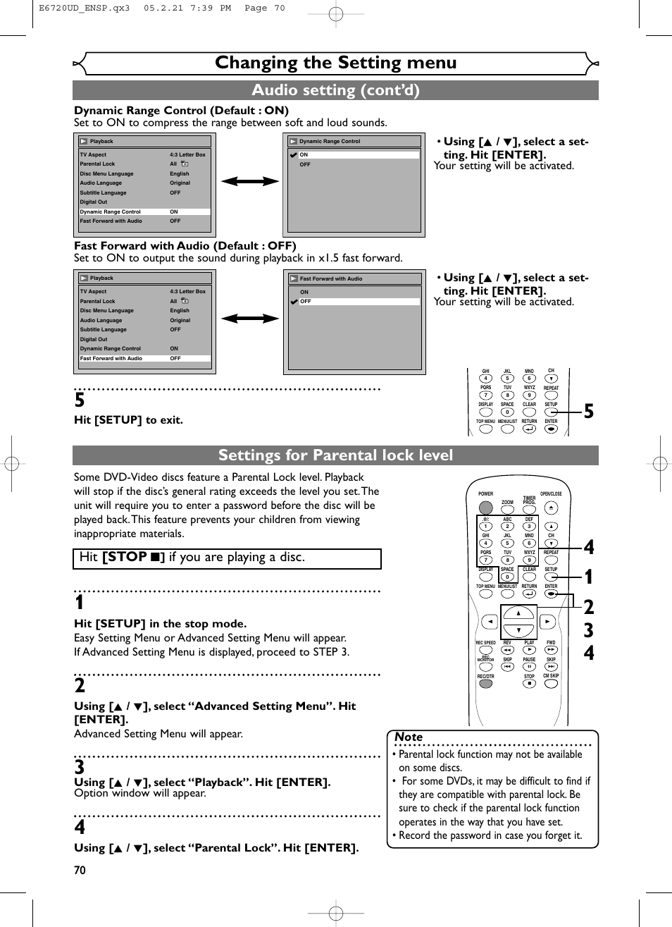 Changing the setting menu, Audio setting (cont’d), Settings for parental lock level | Hit [stop, If you are playing a disc, Hit [setup] to exit. 70 | FUNAI EWR10D5 User Manual | Page 72 / 82