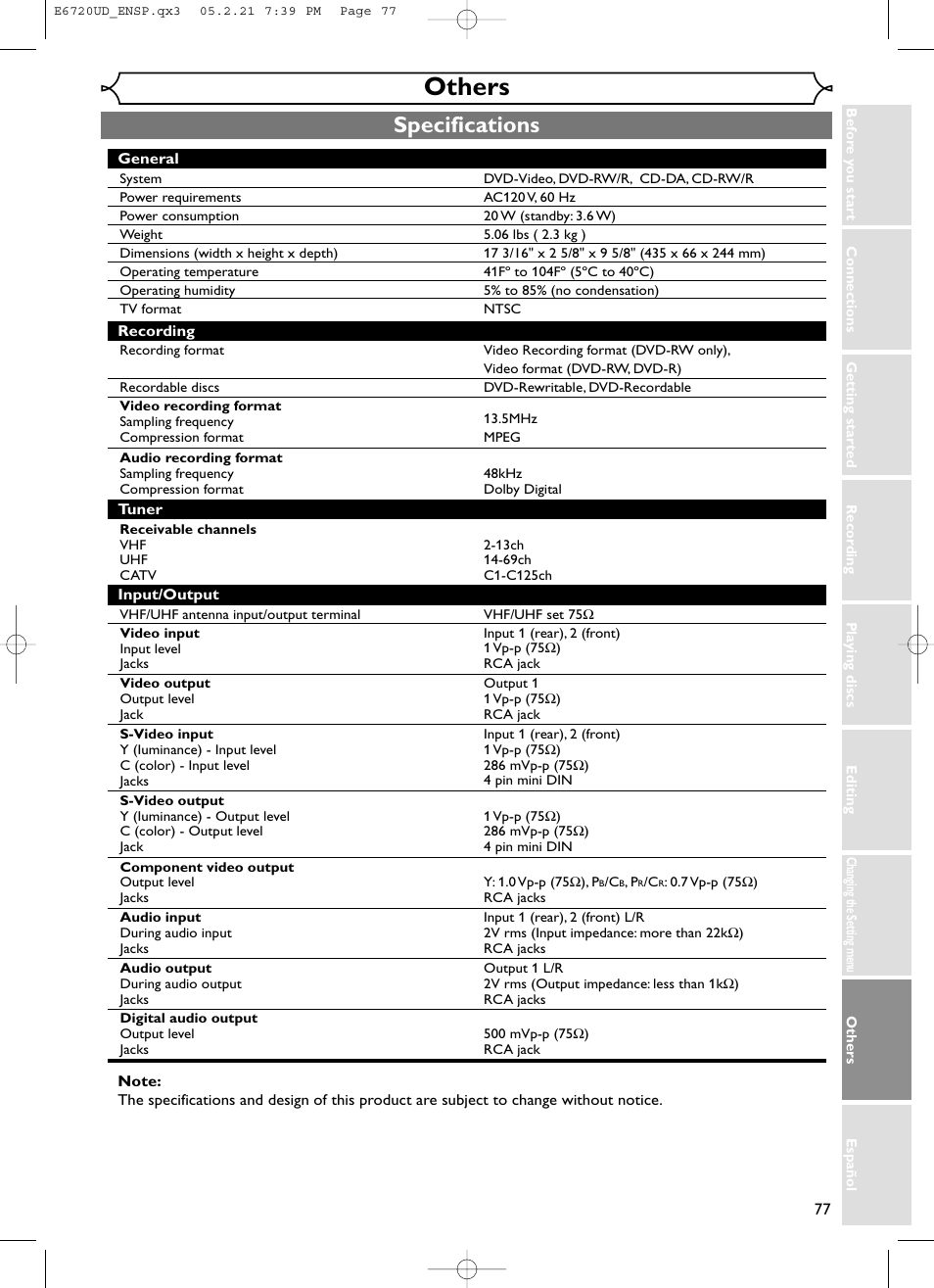 Others, Specifications | FUNAI EWR10D5 User Manual | Page 79 / 82