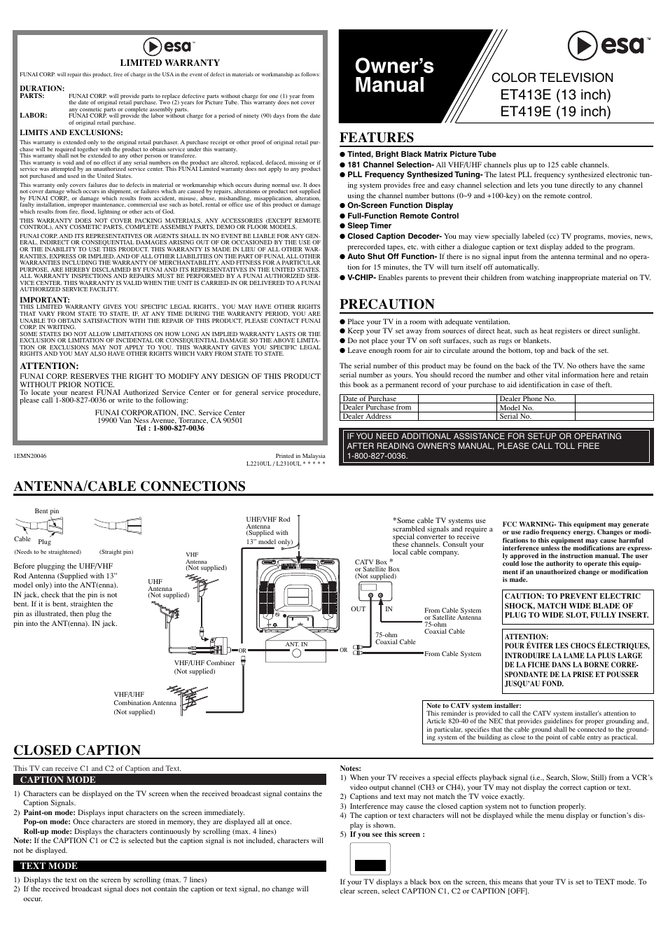 FUNAI ET413E User Manual | 8 pages