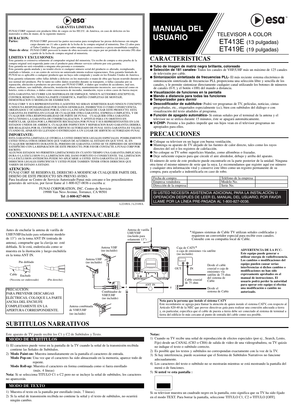 Manual del usuario, Et413e, Et419e | Conexiones de la antena/cable precauciones, Características, Subtitulos narrativos, Televisor a color, 13 pulgadas), 19 pulgadas) | FUNAI ET413E User Manual | Page 5 / 8