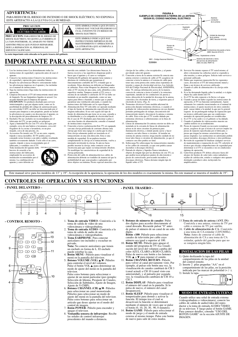 Importante para su seguridad, Controles de operación y sus funciones, Advertencia | Instalacion de las pilas, Modo de entrada externa, Panel delantero - - panel trasero, Control remoto | FUNAI ET413E User Manual | Page 6 / 8